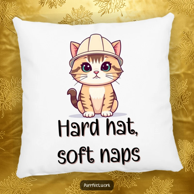 Funny cat pillow featuring a determined cat wearing a small hard hat, perfect for adding laughs to any room.