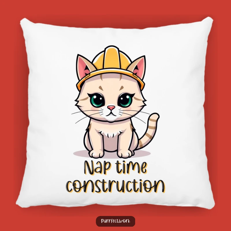 Funny Hard Hat Cat Pillow - Cozy Construction Kitty Cushion for Humorous Decor