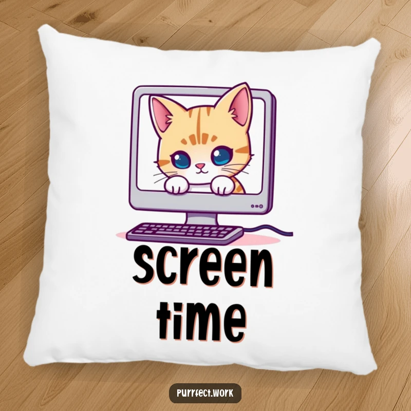 Funny Mischievous Cat Pillow: A soft pillow showcasing a cat peeking from behind a computer monitor, adding a humorous and cozy touch.