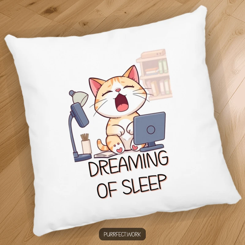 Funny Sleepy Cat Pillow: A soft pillow showing a cat yawning widely at a desk, perfect for adding a cozy and humorous touch.