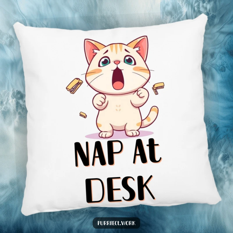 Funny Pillow featuring a surprised cat character juggling tiny staplers, designed for comfort and a touch of office-themed whimsy.