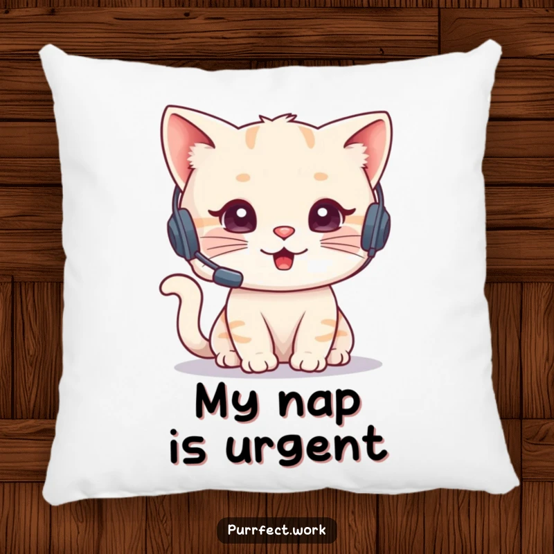 Funny Cat Agent Pillow featuring a cute cat with a headset talking on the phone, providing comfort and professional decor. Cute accent pillow.