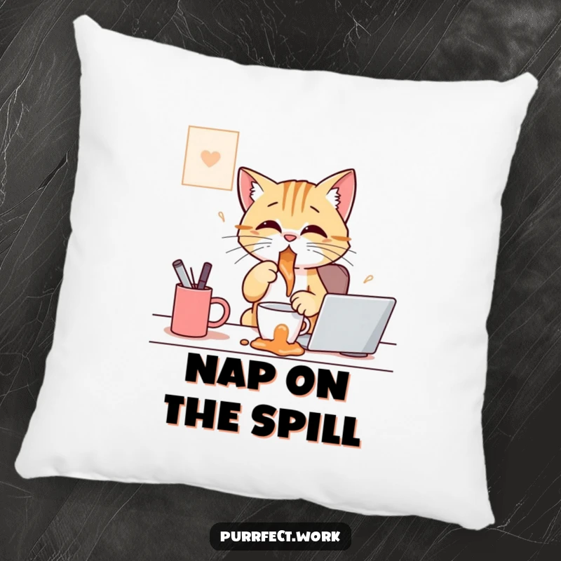 Funny pillow design of a cat at a desk, comically spilling a coffee cup, adding playful humor to any seating area.