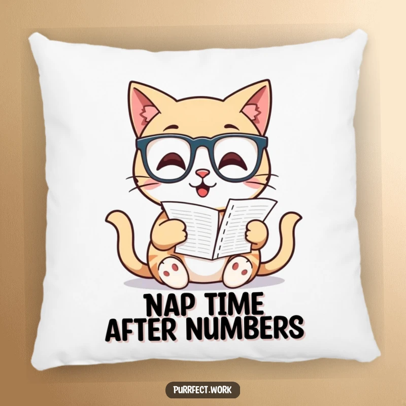 Funny Cat Pillow: A well-read cat with glasses sits comfortably, engrossed in a spreadsheet, ideal for humorous home decor.
