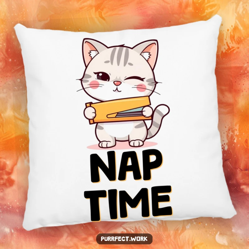 Funny pillow featuring a winking cat holding a tiny stapler, offering comfort and a readiness to act.