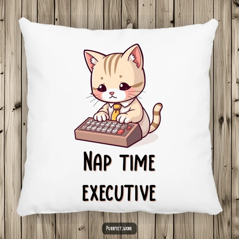 Funny Pillow showcasing a cute cat in a tiny tie typing on a miniature keyboard, offering humorous and soft decor.