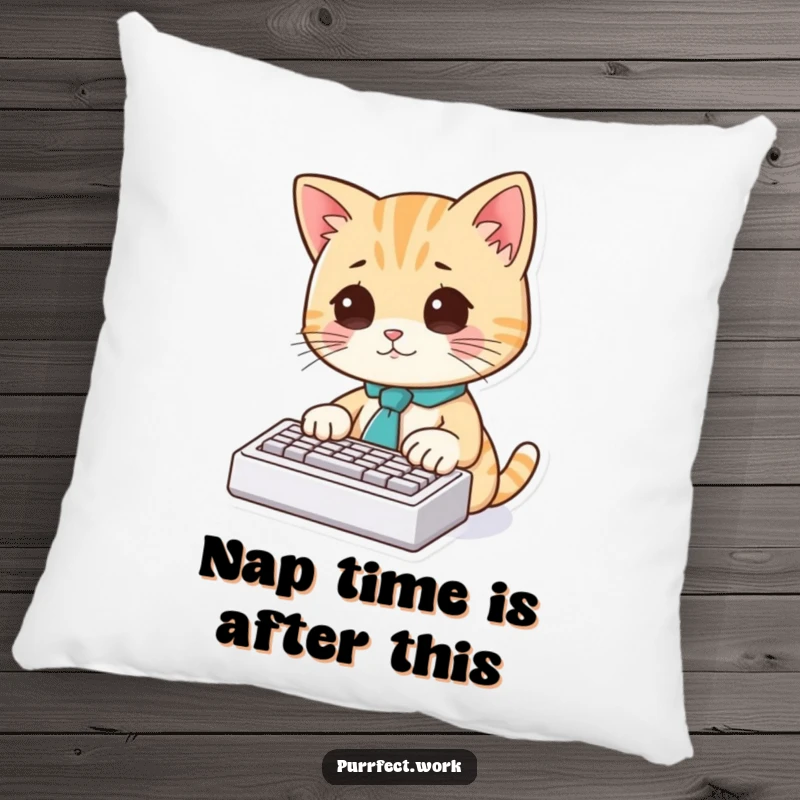 Funny Cat Typist Pillow: A plush pillow showing a cat wearing a tie and typing on a tiny keyboard.