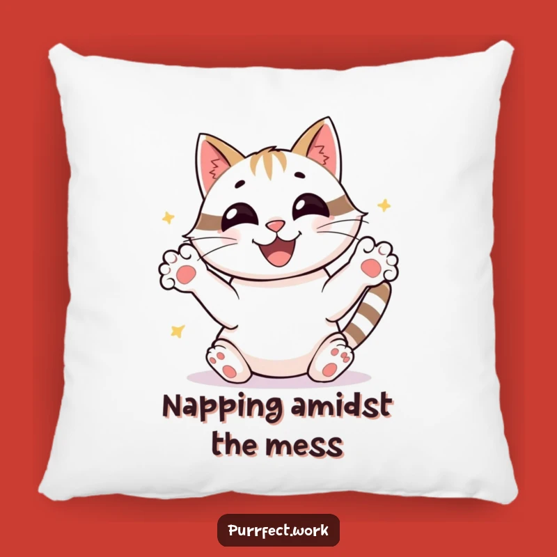 Funny Busy Cat Pillow: Cozy Organizer Cushion, Hilarious Decor for Home Offices