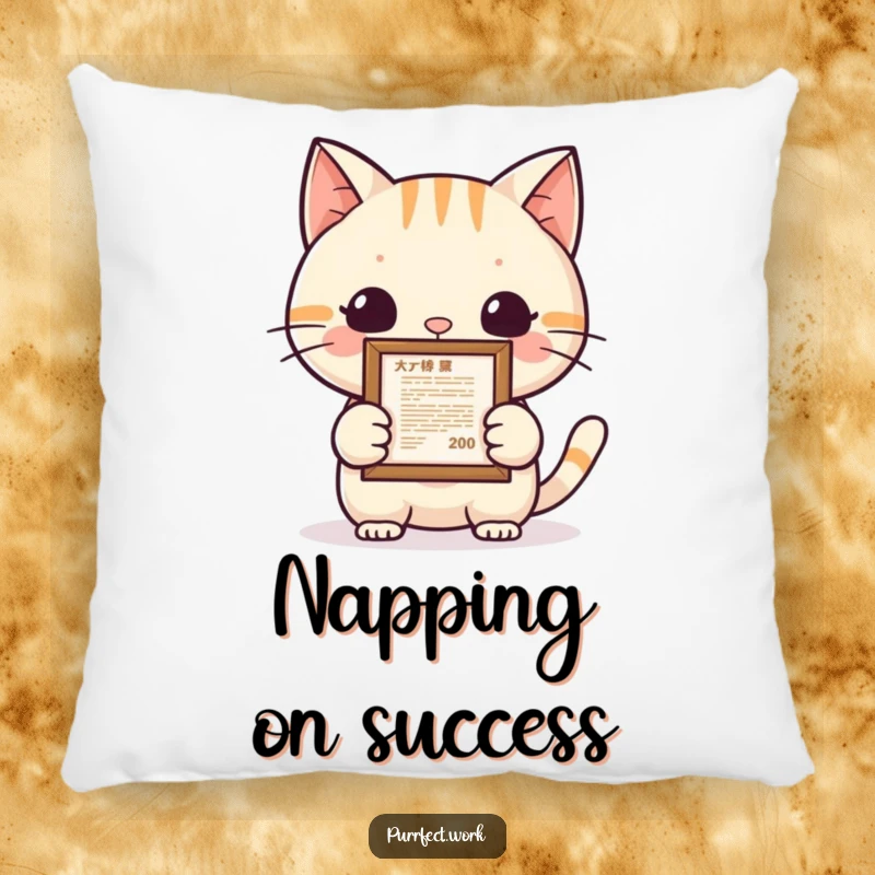 Funny cat achievement pillow featuring a proud cat displaying a framed document, offering comfort and a reminder of successes with humor.