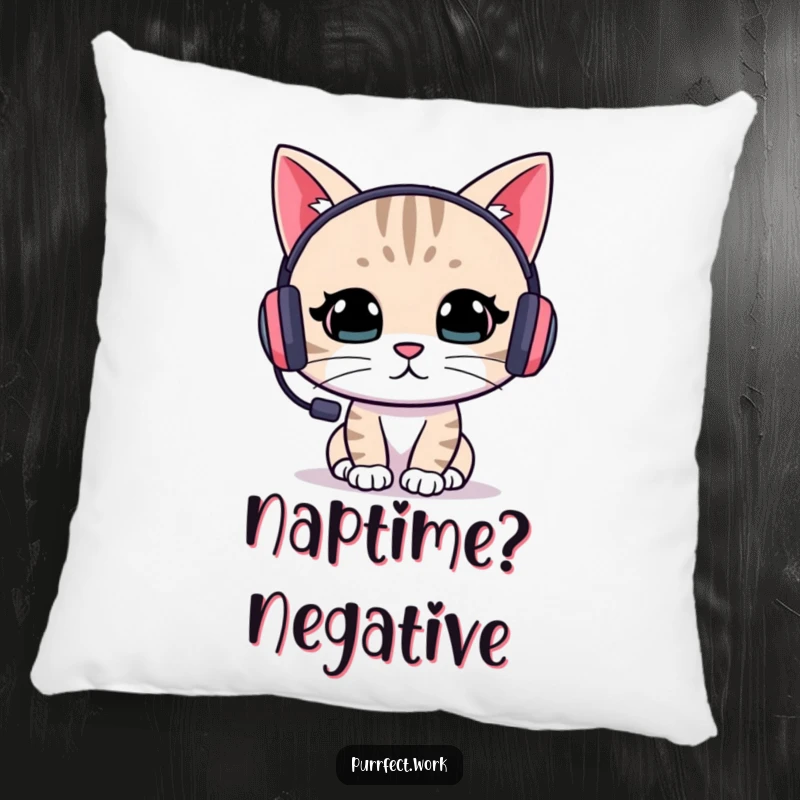 Funny cat gamer pillow featuring a focused cat with a headset, providing comfort and a touch of humor for any gaming space.