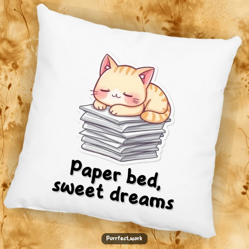 Funny Pillow featuring a cat deeply asleep on a stack of papers, perfect for adding soft, humorous comfort.