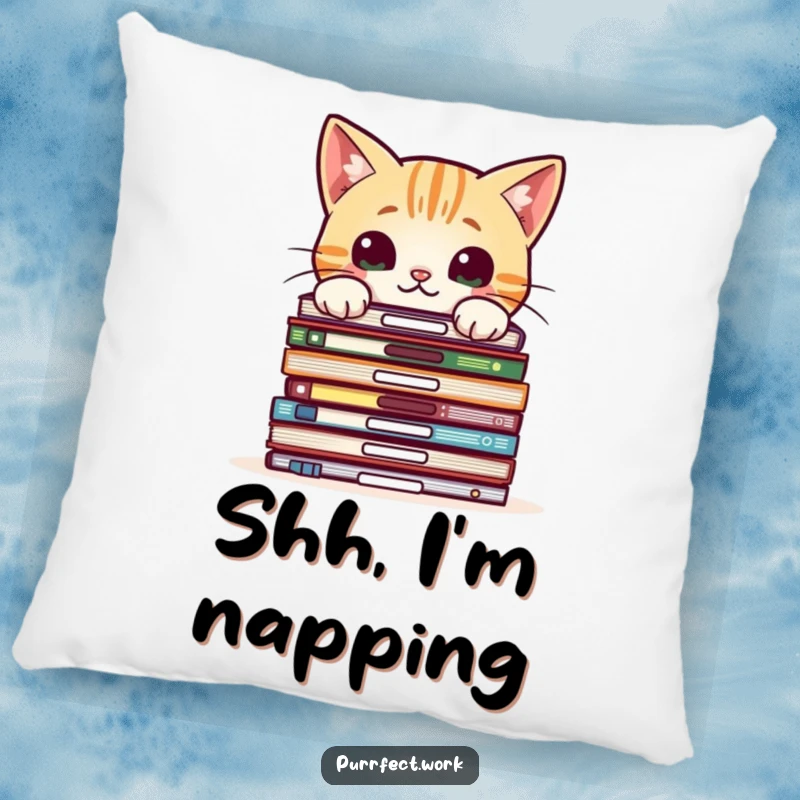 Funny pillow featuring a curious cat peeking over office files, offering comfort and a sense of playful mystery.
