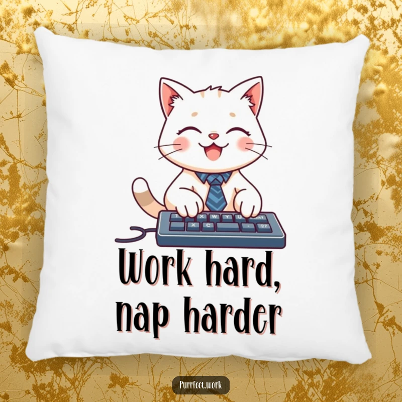Funny pillow with a smiling cat character wearing a tiny tie, typing on a keyboard, offering cozy work-from-home comfort.