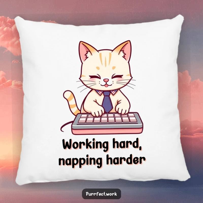 Funny cute cat wearing a tiny tie, typing furiously on a keyboard, a soft and humorous pillow for a funny gift.