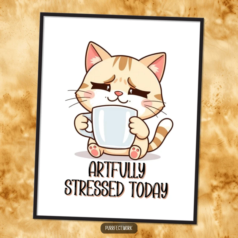 Funny smiling cat holding a coffee mug, looking slightly stressed, a downloadable humorous digital art print for a funny gift.