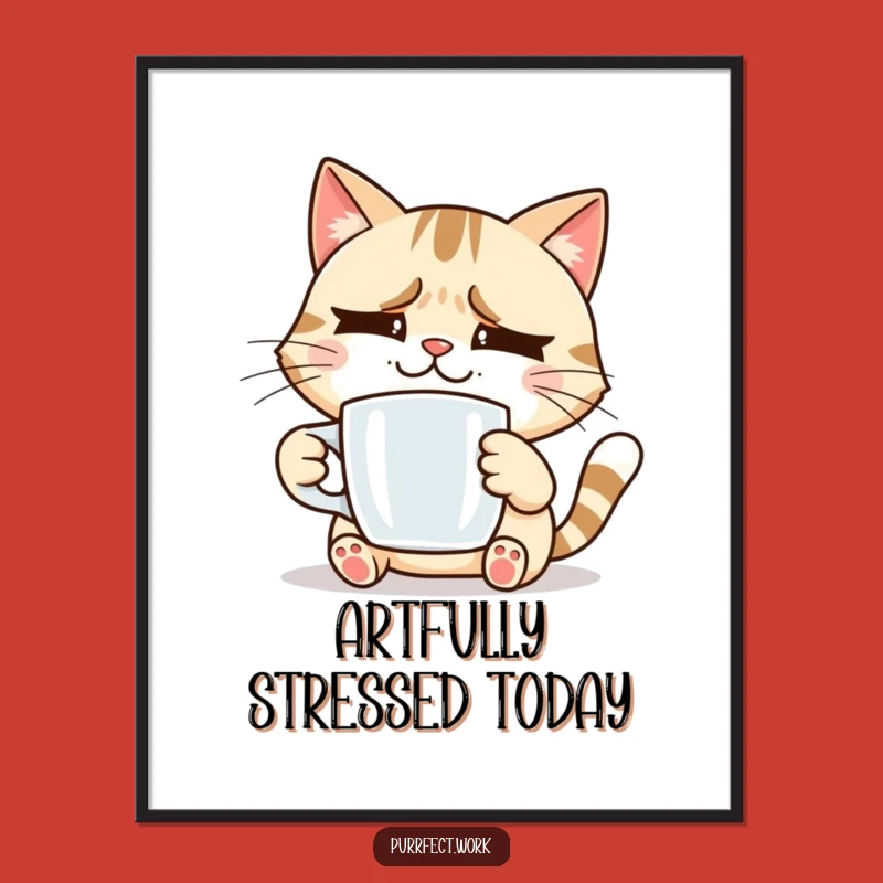 Funny Stressed Cat Digital Art: Coffee Break Image, Hilarious Printable Decor for Cafes
