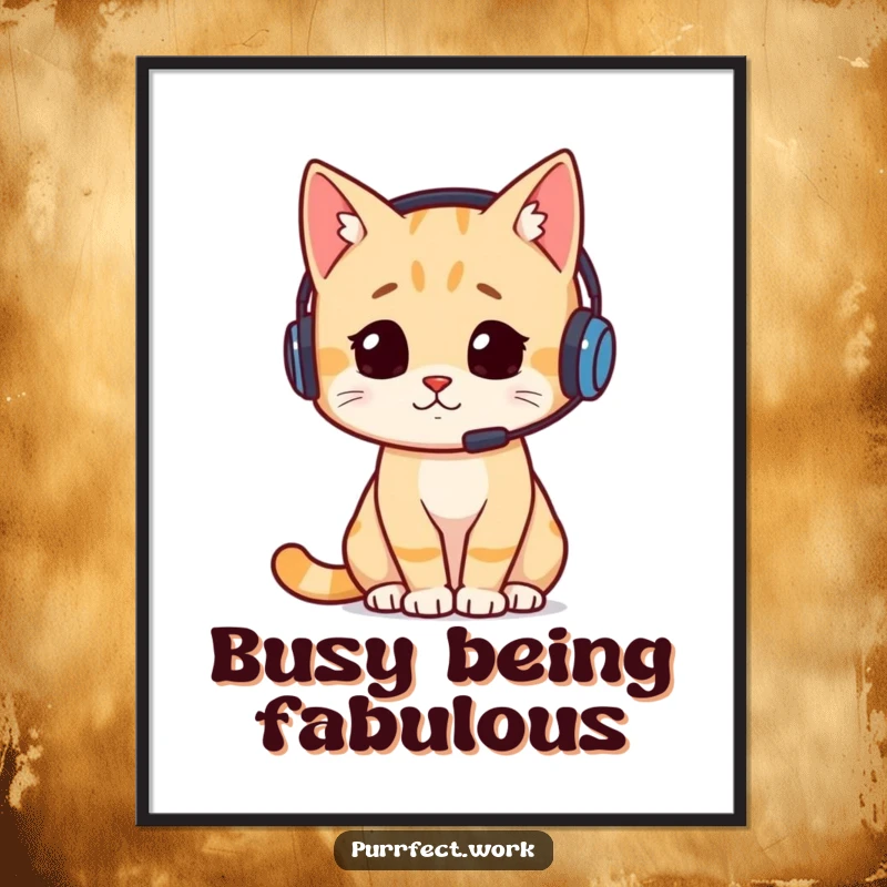 Funny digital art print of a cat wearing a headset, looking extremely busy and immersed in work, conveying humorous productivity.