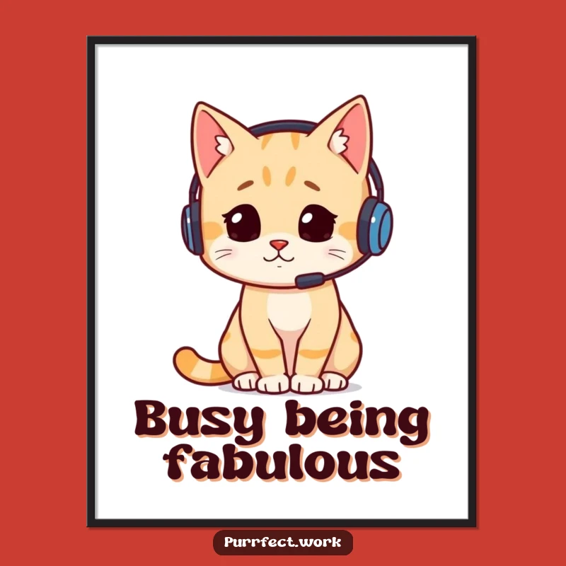 Funny Busy Cat Headset Digital Art: Instant Hilarious Decor for Your Space