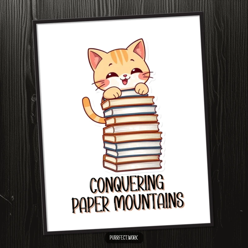 Funny digital art print of a mischievous cat grinning while climbing a stack of files, for immediate wall decor.
