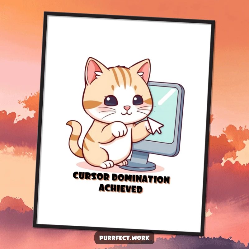 Funny digital art print featuring a cat’s paws playfully trying to tap a computer mouse cursor on a screen, full of tech humor.