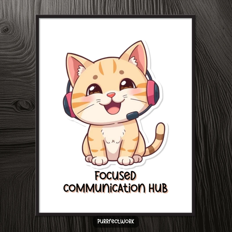 Funny gamer cat digital art print, a delighted cat with a headset looking alert and engaged, humorous and vibrant artwork.