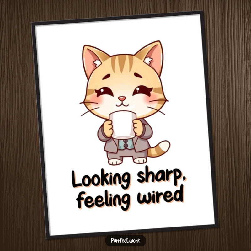 Funny Boss Cat Digital Art Print: A stylish digital illustration of a cat wearing a suit, holding a coffee mug.