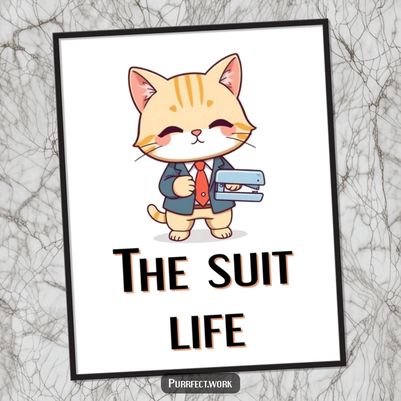 Funny digital art printable of a cat in a business suit using a stapler, perfect for humorous and professional office decor.