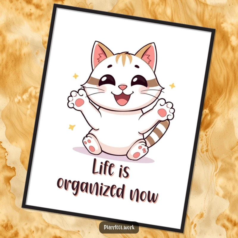 Funny joyful cat sorting papers with frantic paws, beaming, a downloadable humorous digital art print for a funny gift.