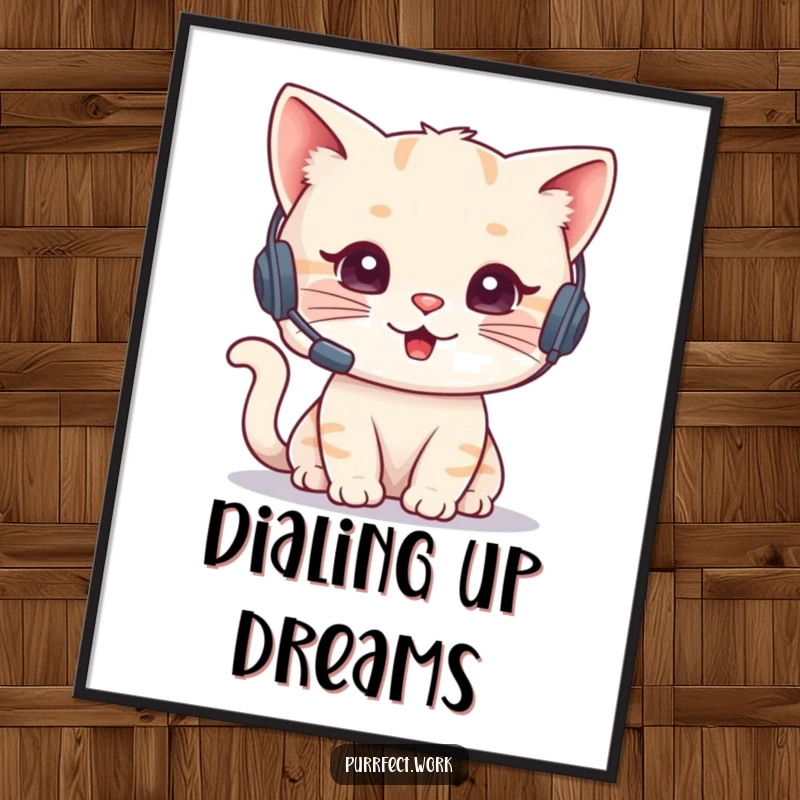 Funny Cat Agent Digital Art Print of a cute cat wearing a headset, talking on the phone, conveying focused communication. Professional wall art.