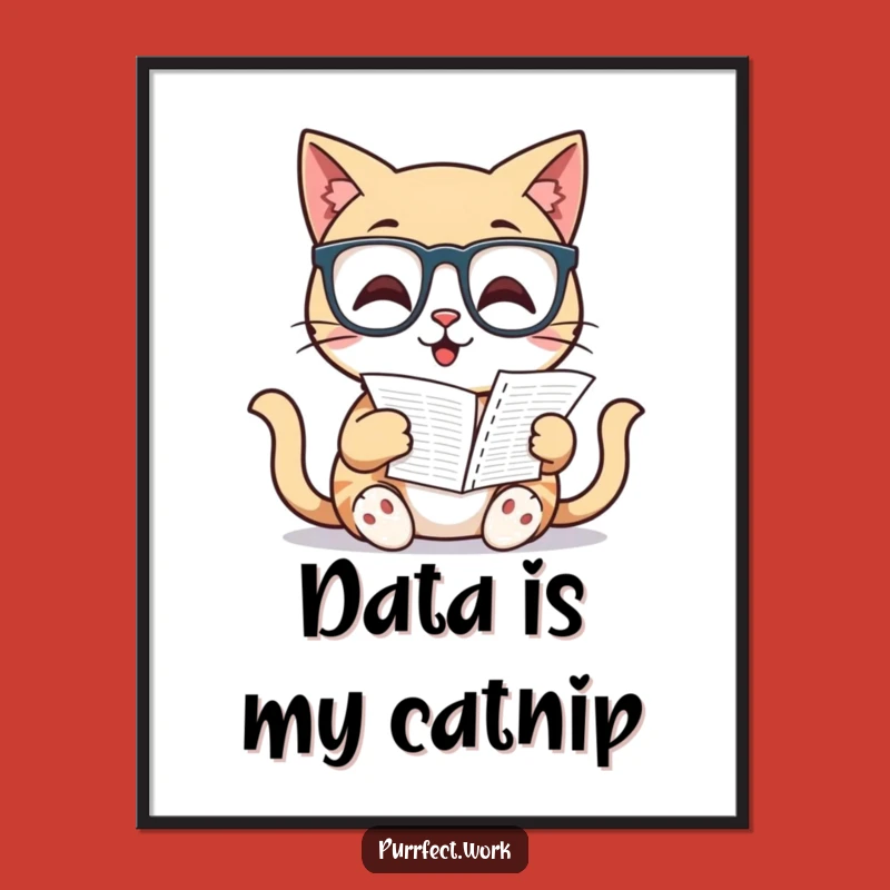 Funny Cat Art Print: Intellectual Feline Reading Spreadsheet, Instant Download Gift