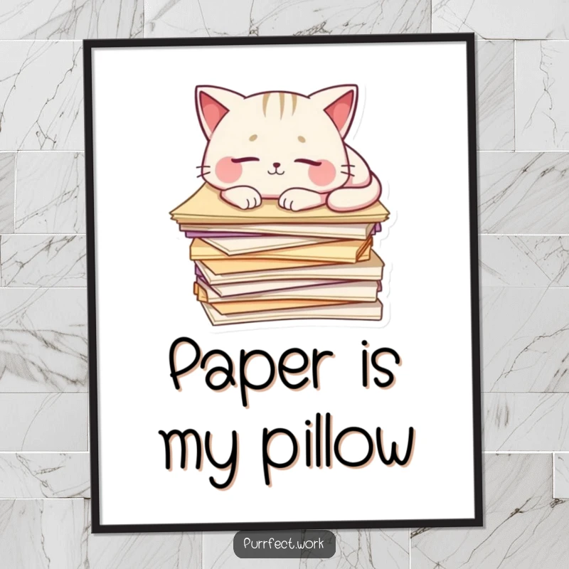 Funny Cat Digital Art: A cat sleeps on a pile of papers, perfect for humorous wall decor and instant download.