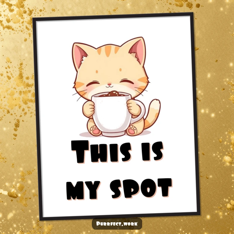 Funny cat digital art print, cute character blissfully sips from a tiny coffee mug, perfect for cheerful home decor.