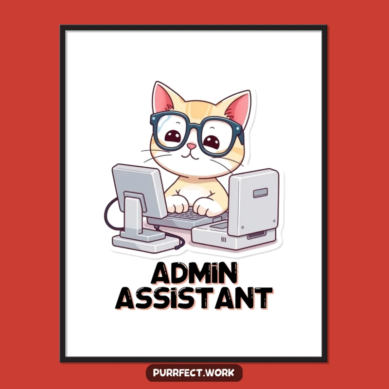 Funny Cat Digital Art: Cute Nerd Cat with Glasses Typing on Mini Computer