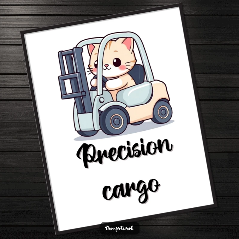 Funny cat driving a tiny toy forklift in a digital art print, perfect for instant, humorous home decoration.