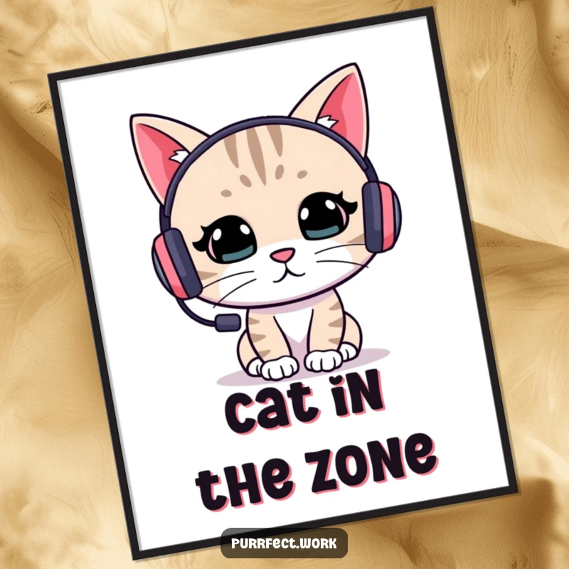 Funny cat gamer digital art print showing a cat wearing a headset, intensely focused on a task, bringing humor and dedication to decor.