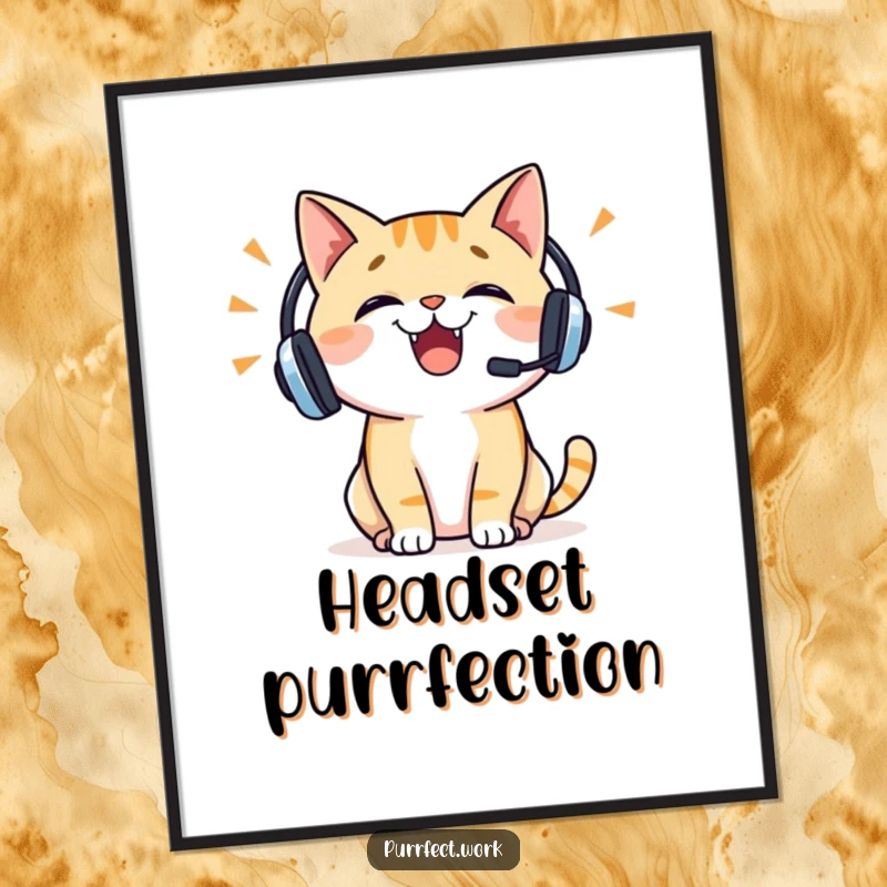 Funny cat digital art print of a cheerful cat wearing a headset, talking enthusiastically, full of joy and conversational energy.