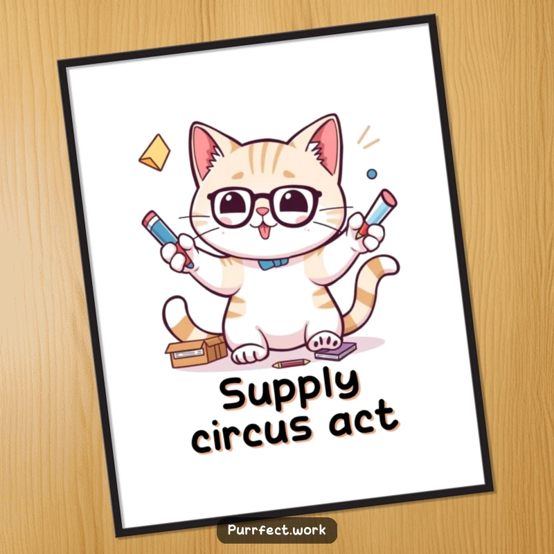 Funny digital art print of a cat intently juggling office supplies, symbolizing focus and multitasking prowess.