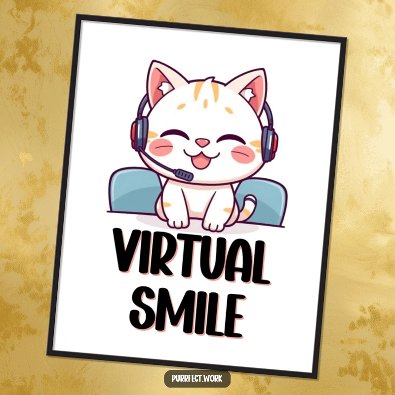 Funny digital art print of a grinning cat wearing a headset, participating in a meeting, perfect for instant decor.