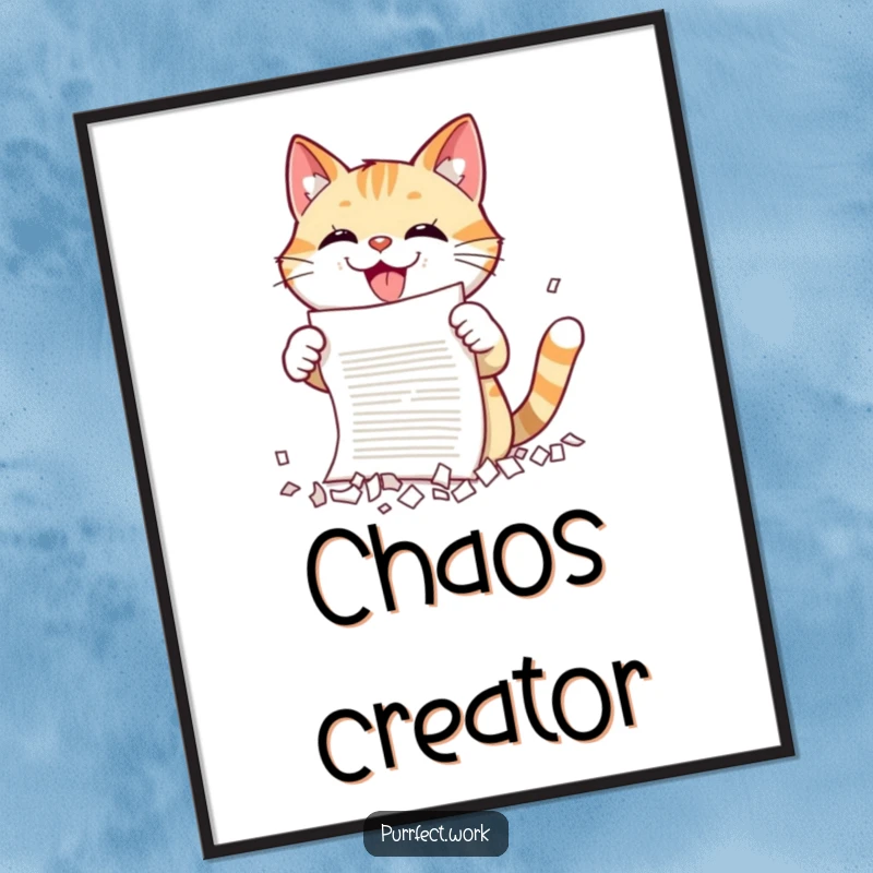 Funny cat shredding digital art print showing a cat gleefully destroying a document, embodying playful rebellion and office humor for wall decor.