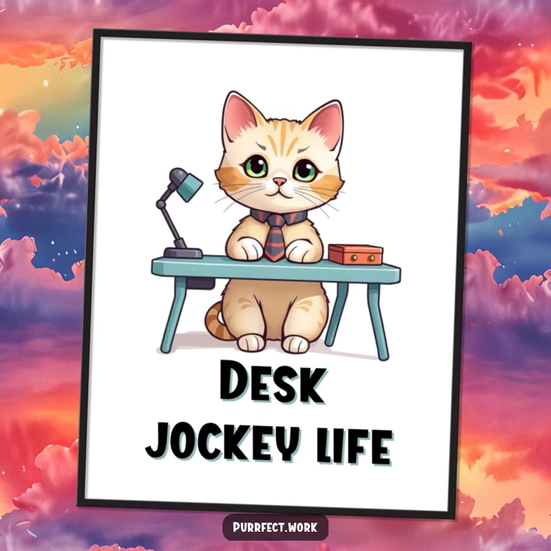 Funny digital art print of a cat wearing a tiny tie, sitting at a miniature desk, embodying professional feline charm and humor.