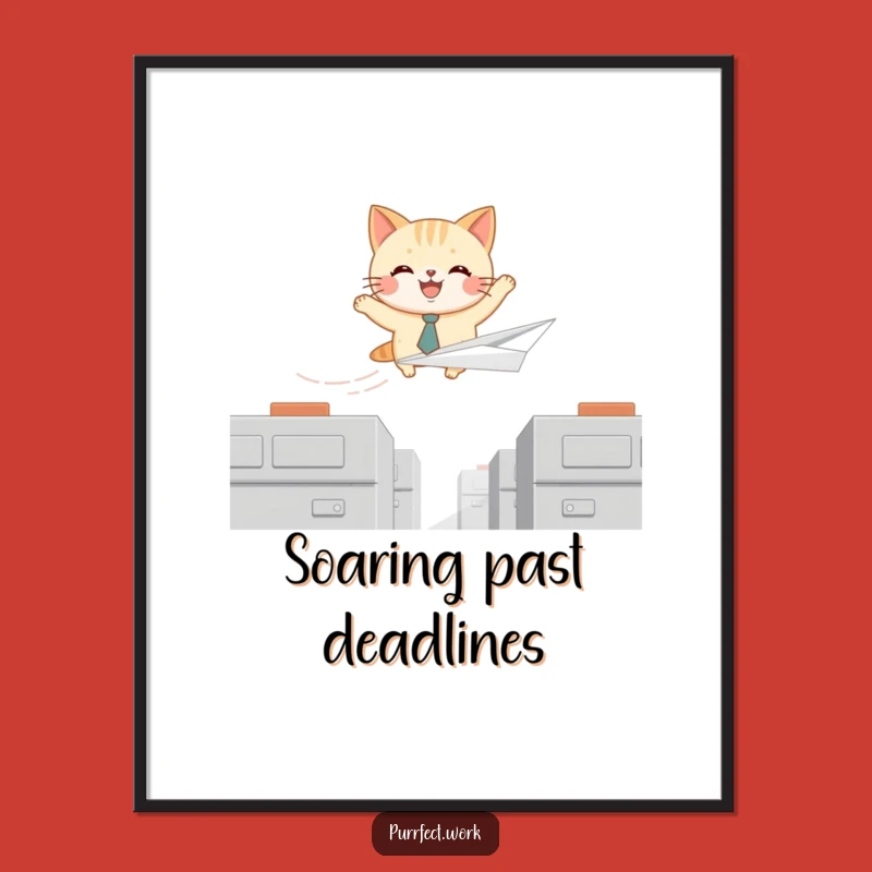 Funny Cat Tie Pilot Digital Art: Joyful Feline Soaring Over Cubicles, Instant Humor Download