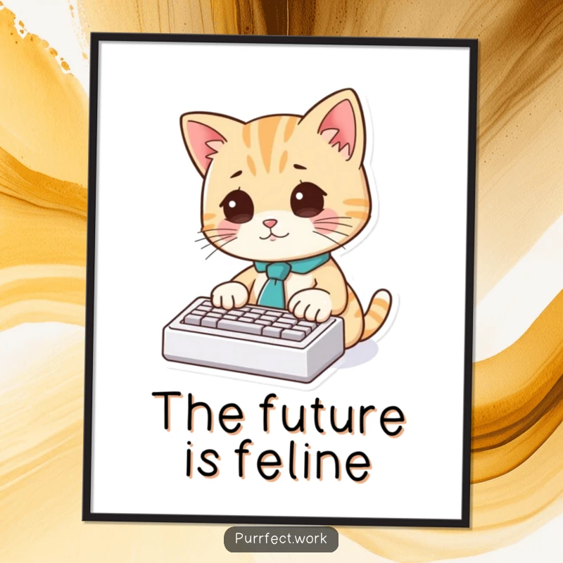 Funny Cat Typist Digital Art Print: A whimsical digital illustration of a cat wearing a tie, typing on a miniature keyboard.