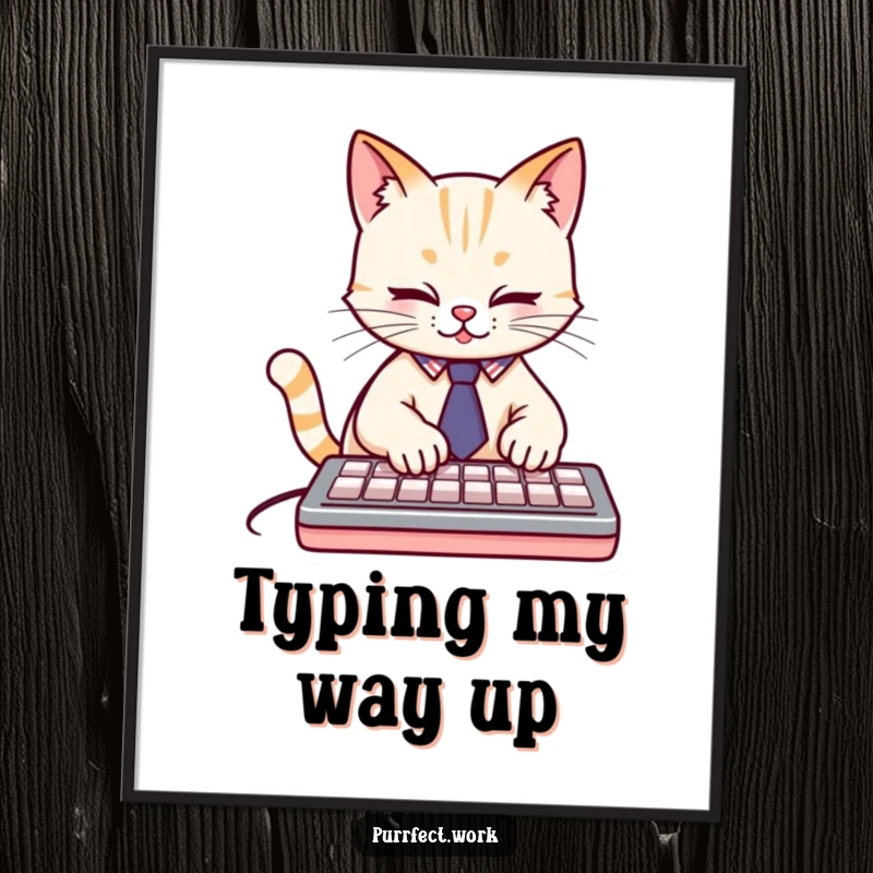 Funny cute cat wearing a tiny tie, typing furiously on a keyboard, a downloadable humorous digital art print for a funny gift.