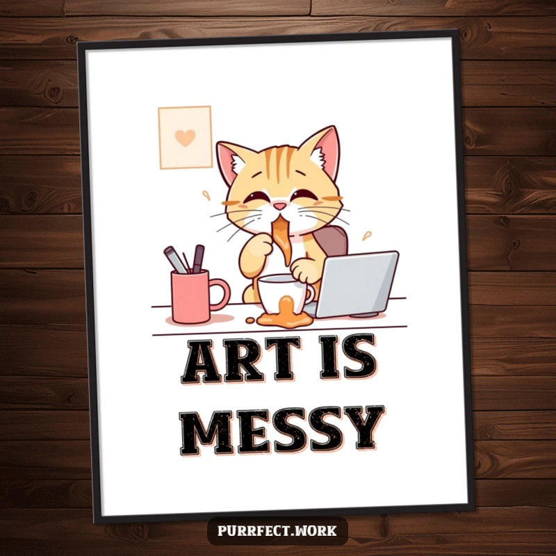 Funny digital art printable of a cat at a desk, comically spilling coffee, perfect for humorous kitchen or cafe decor.