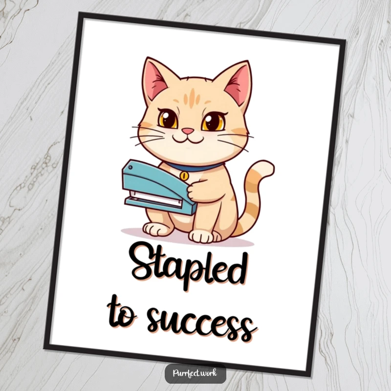 Funny digital art print of a determined cat holding a stapler with a grin, symbolizing ambition, focus, and feline determination.