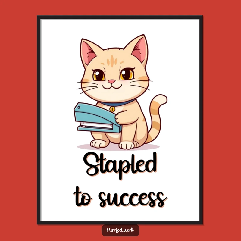 Funny Determined Cat Stapler Digital Art - Hilarious Wall Decor for the Ambitious Feline Fan