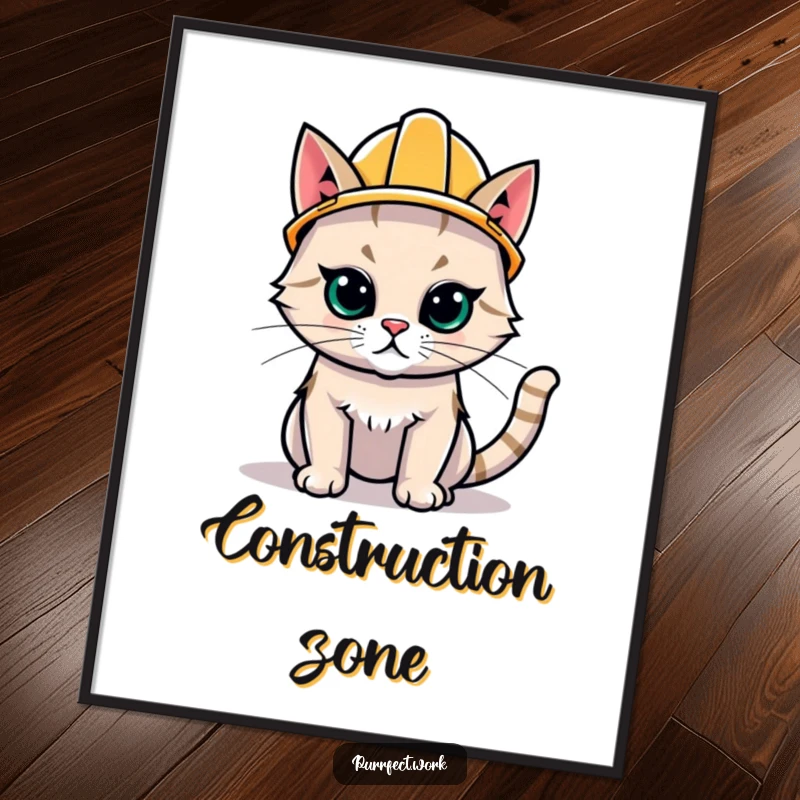 Funny Hard Hat Cat Digital Art Print: A humorous illustration of a focused cat wearing a construction hard hat, ready for display.