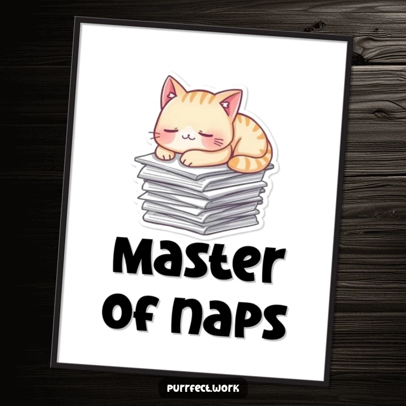 Funny Digital Art Print of a cat peacefully napping on a stack of papers, embodying ultimate relaxation.