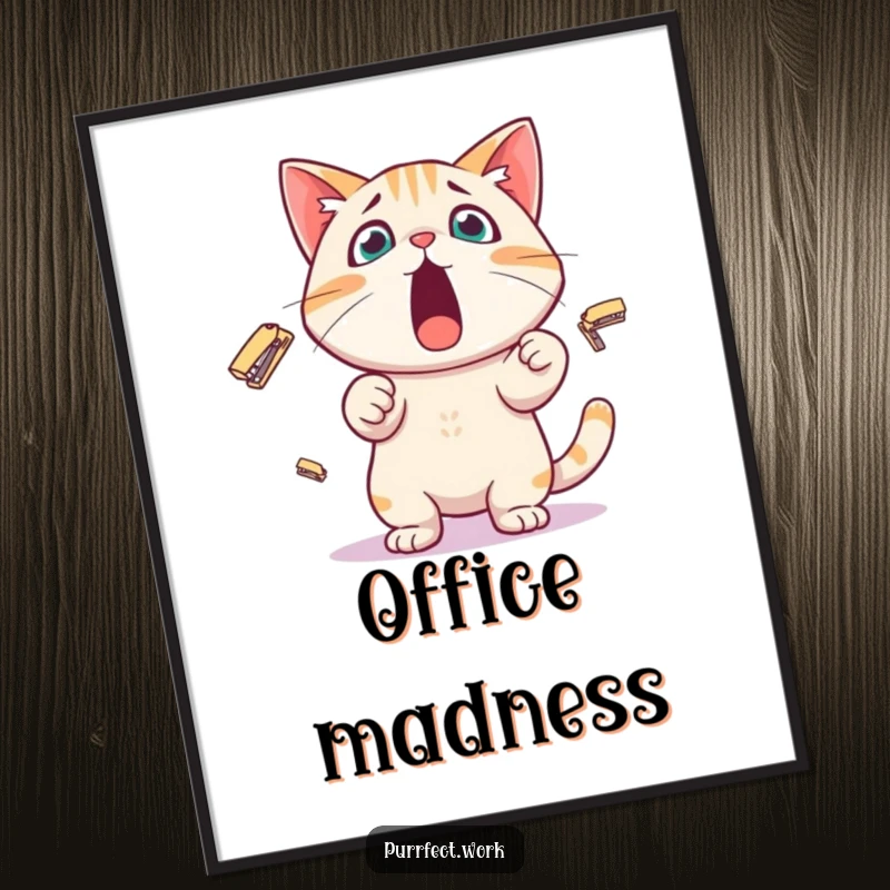 Funny Digital Art Print of a surprised cat character juggling tiny staplers, ready to be printed for instant office humor wall decor.