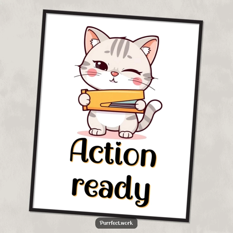 Funny digital art print of a winking cat holding a tiny stapler, perfect for adding instant motivational decor.